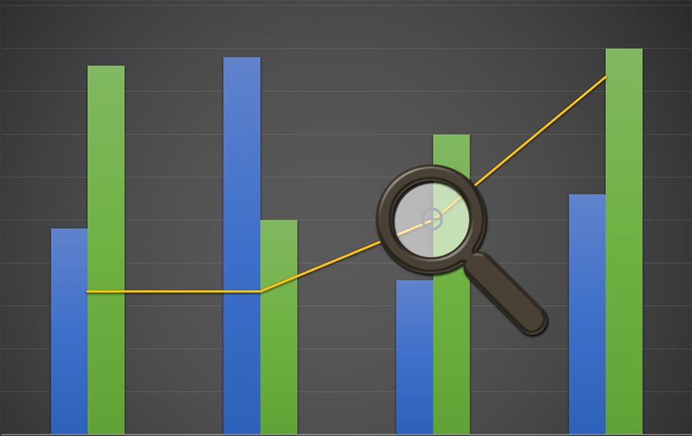 Bar chart with magnifying glass, hovering over it.