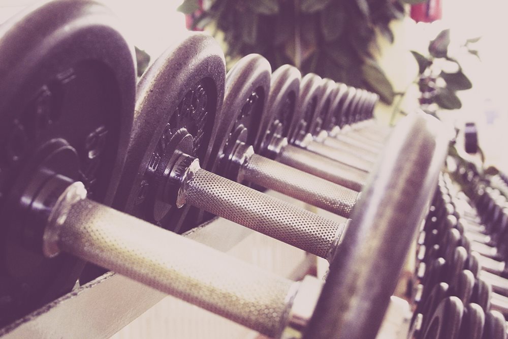 Long rack of dumbbells.