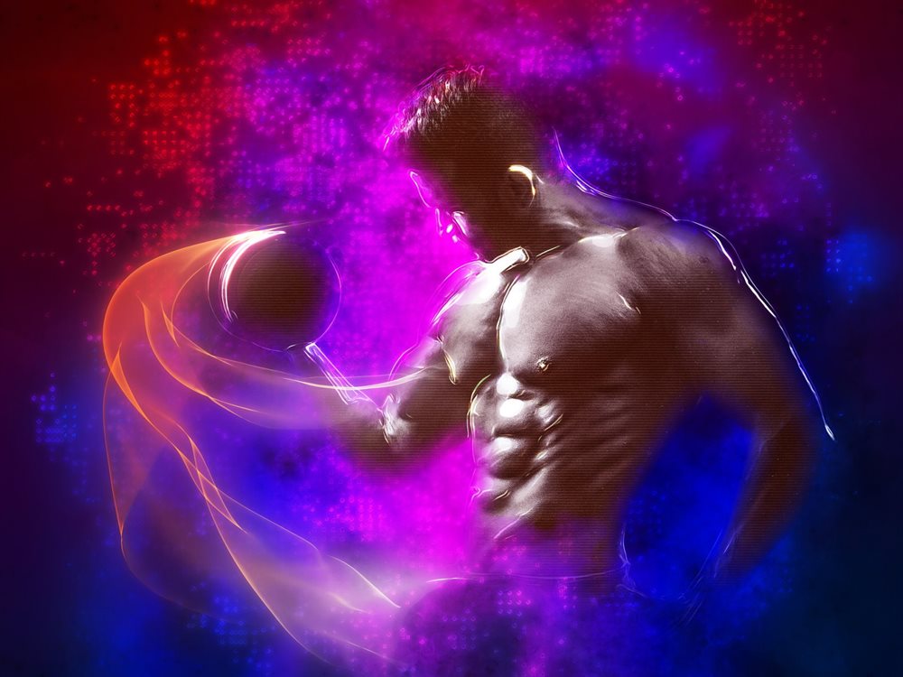 Man curling a dumbbell in a fog of bright colors.