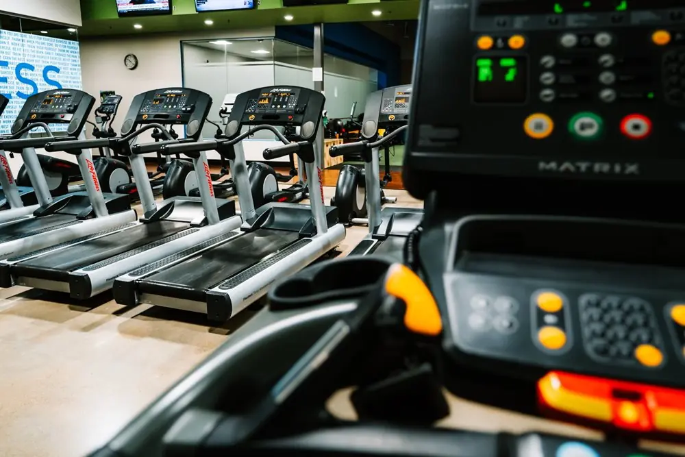 Lots of treadmills in a gym.